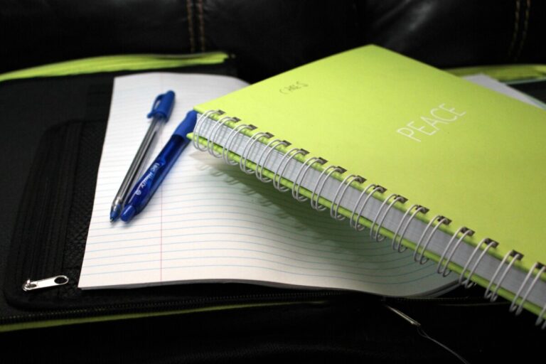 a yellow notebook rests on top of writing paper and two pens