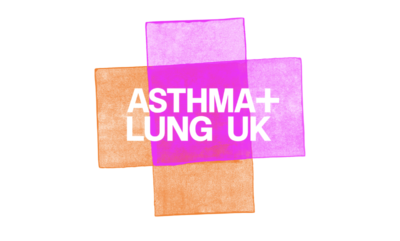 A pink and orange cross with the words Asthma +Lung UK in the centre