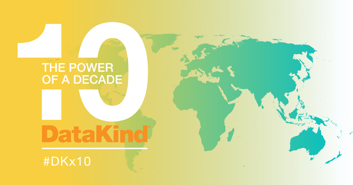 DataKind - the power of a decade. Map of the world in green and yellow, DataKind's orange logo, and its 10th anniversary logo.