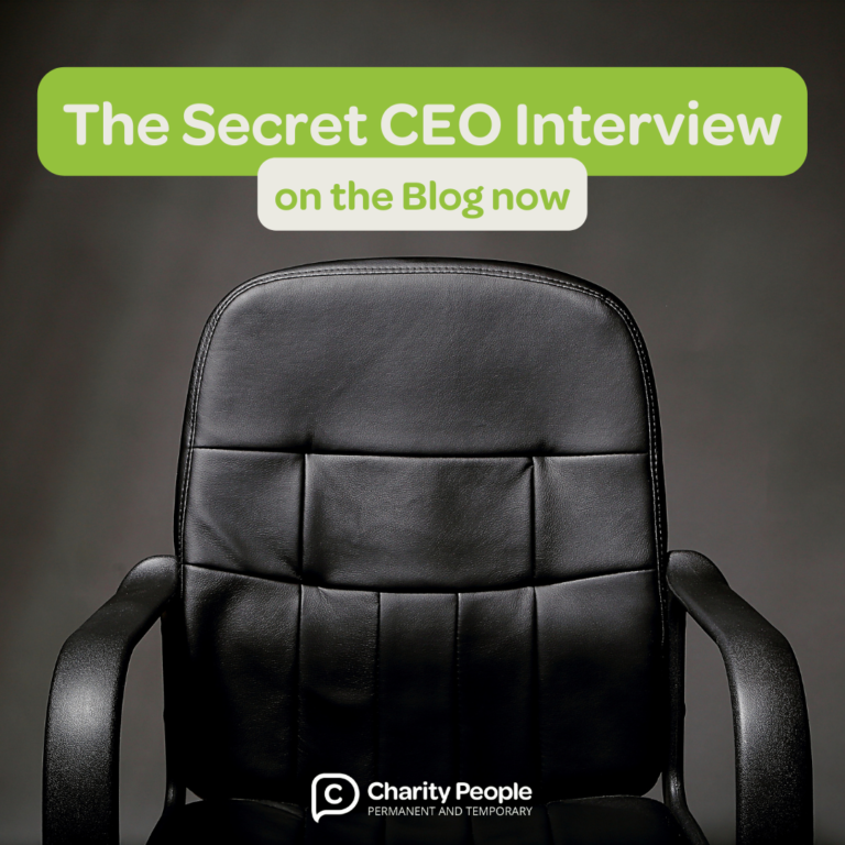 The Secret CEO Interview - including photo of empty black executive office chair, with Charity People's logo at the bottom