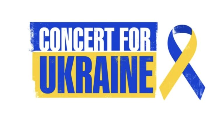 Concert for Ukraine logo - blue and yellow-themed logo with a charity ribbon