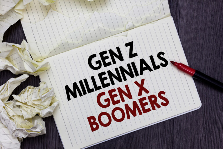 Writing note showing Gen Z Millennials Gen X Boomers. Business photo showcasing Generational differences Old Young people Marker over notebook crumpled papers pages several tries mistakes