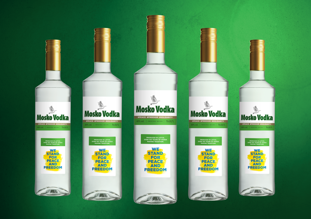 Five bottles of Moskovskaya Vodka rebranded to Mosko Vodka and on sale to raise funds to help the people of Ukraine. Image: Amber Beverage Group