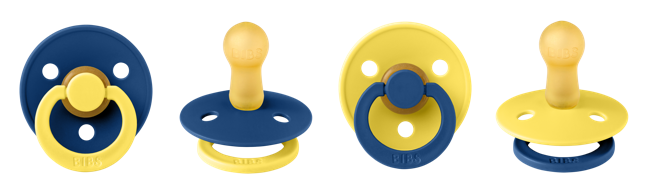 Four baby pacifiers from BIBSworld in the colours of the Ukrainian flag