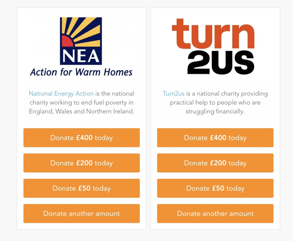 Two poverty charities, with suggested donation amounts.