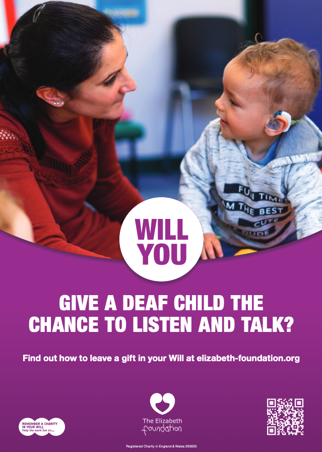 A legacy fundraising banner from the Elizabeth Foundation with a mother and a baby, who is wearing a hearing aid 
