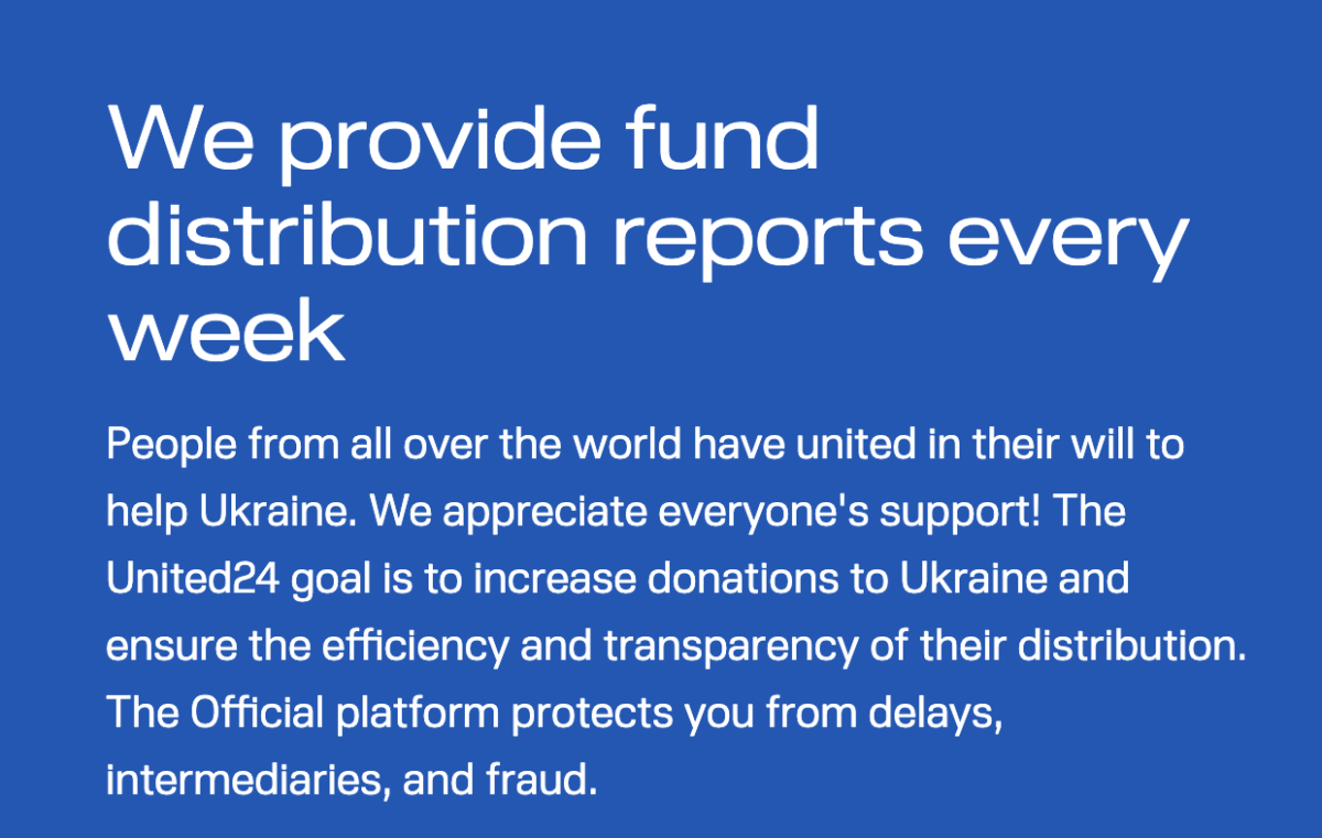 "We provide fund distribution reports every week" (from United24 website)
