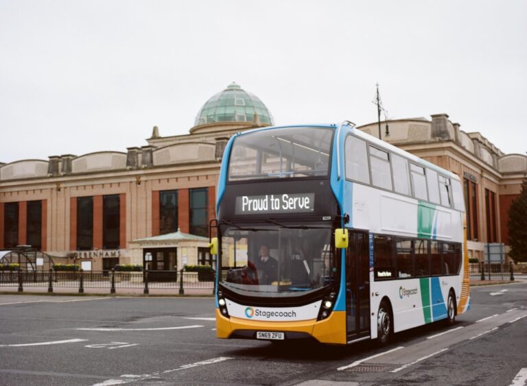 Stagecoach bus with 'proud to serve' on its destination board at the front