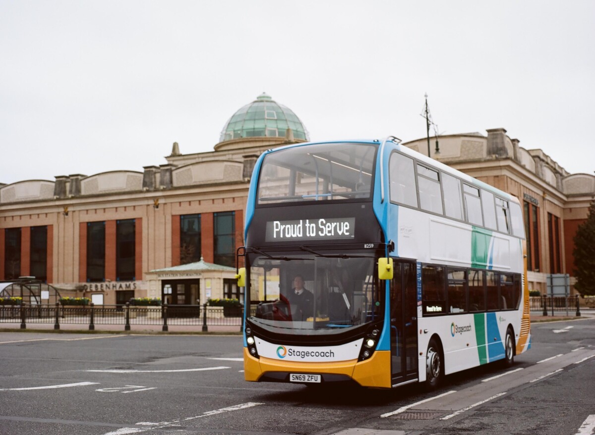 Stagecoach bus with 'proud to serve' on its destination board at the front