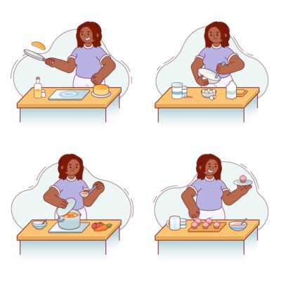 Four images of a woman cooking - pancakes, cakes and a soup. Image: BlackIllustrations.com