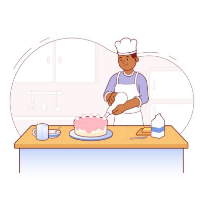 A man icing a cake in a kitchen. Image: BlackIllustrations.com