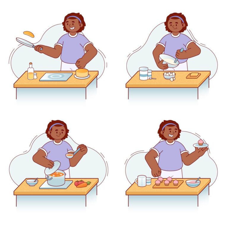 Four images of a man cooking - pancakes, cakes and a soup. Image: BlackIllustrations.com