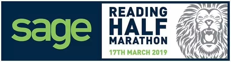 Sage logo next to that of Reading Half Marathon, and a b/w illustration of a lion's head