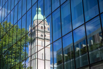 The Queen's Tower, Imperial College London, reflected in glass windows. Photo: Imperial College London