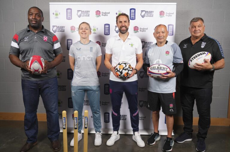 (R to L) Former Rugby League player Craig Richards, England cricketer Heather Knight, England football manager Gareth Southgate, England Rugby Union head coach Eddie Jones and England Rugby League head coach Shaun Wane during the Football Foundation day. Copyright Jed Leicester