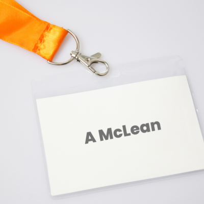 A McLean name badge. Mockup by Howard Lake with Canva.com.