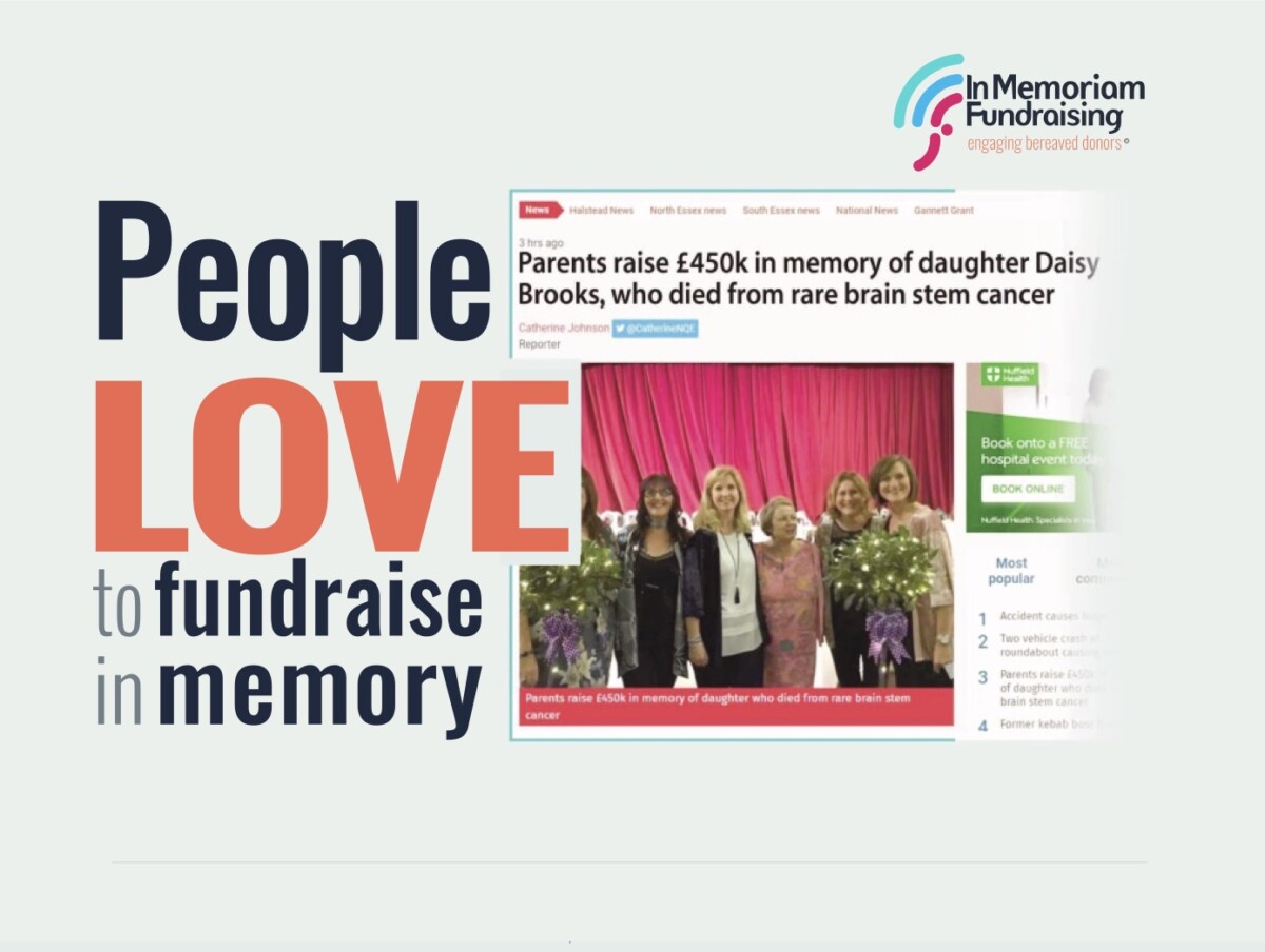 People love to fundraise in memory. In Memoriam Fundraising's slide includes a screenshot of a positive in memory fundraising camapign news story.