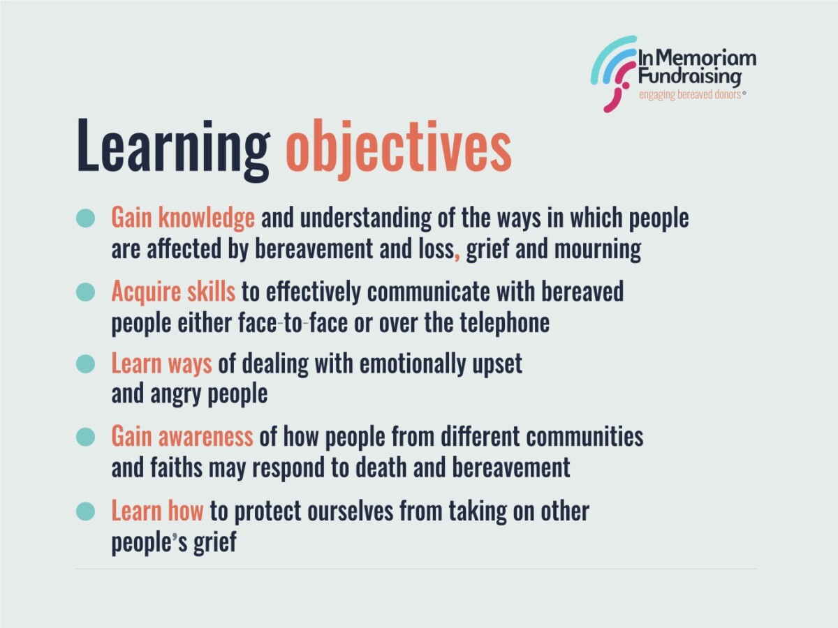 Sample slide from In Memoriam Fundraising course, featuring five learning objectives.