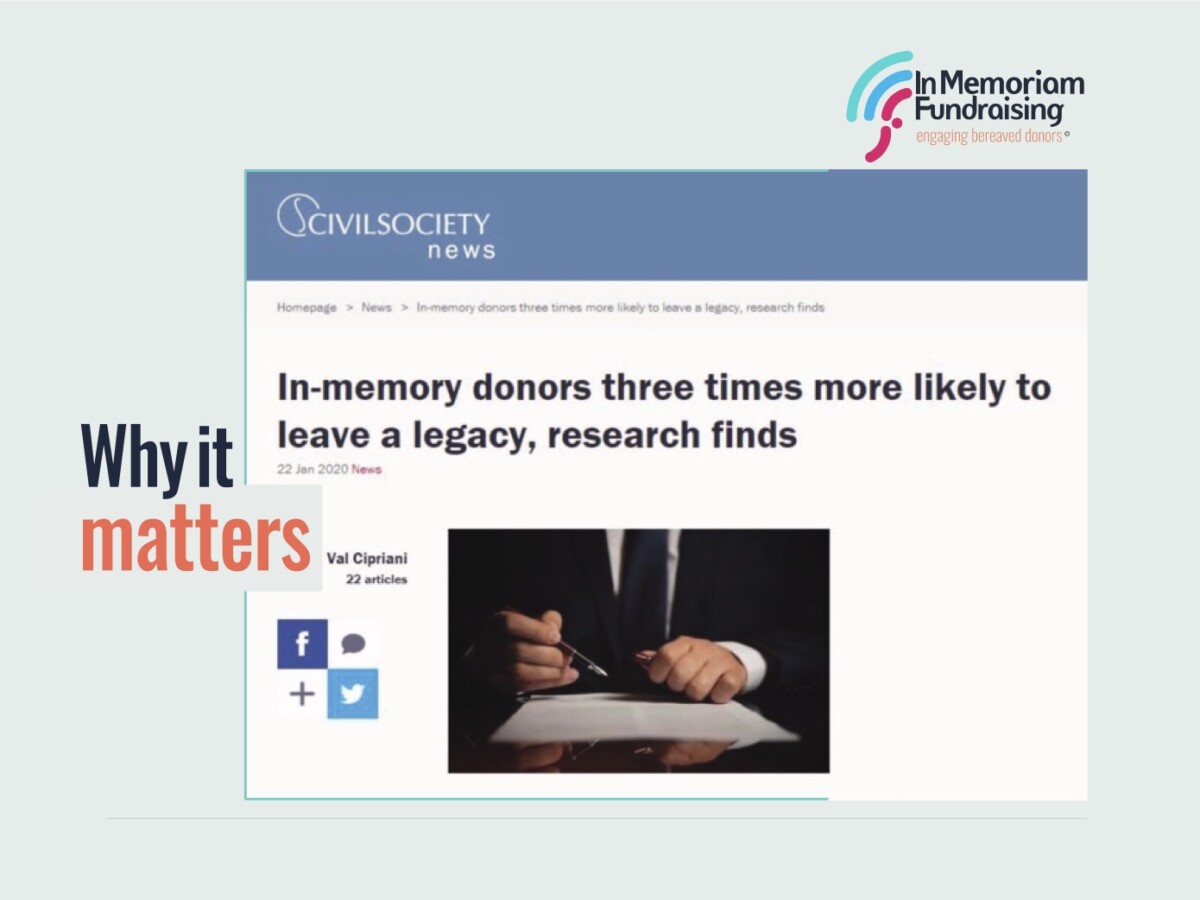 Screenshot of Civil Society News article on in-memory donors, who are three times more likely to leave a legacy, according to research.