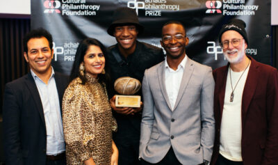 Joint winners of the 2022 Achates Philanthropy Prize Individual Award. Photo by James Allan. Left to right: Tarek Iskander (Artistic Director & CEO of Battersea Arts Centre), Sandeep Mahal (Trustee for Spread the Word), Mikhi (entrepreneur from BAC’s The Agency), Yomi Oderinde (Facilitator for BAC’s The Agency), and Rafe Offer (first-time supporter for Battersea Arts Centre)