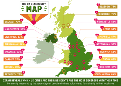 Oxfam map of UK showing most popular towns for volunteering