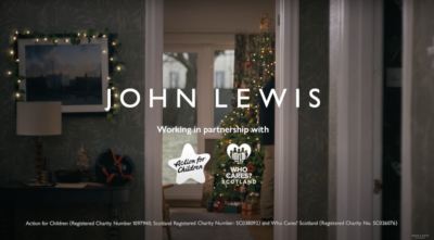 End frame of the John Lewis Christmas ad, showing the partnership with Action for Children & Who Cares? Scotland