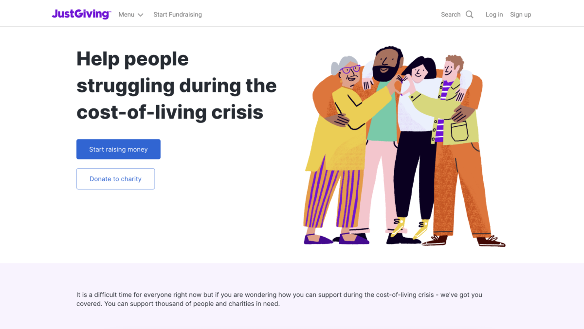 A JustGiving page that says 'help people struggling with the cost-of-living crisis', and showing an illustration of a group of people hugging
