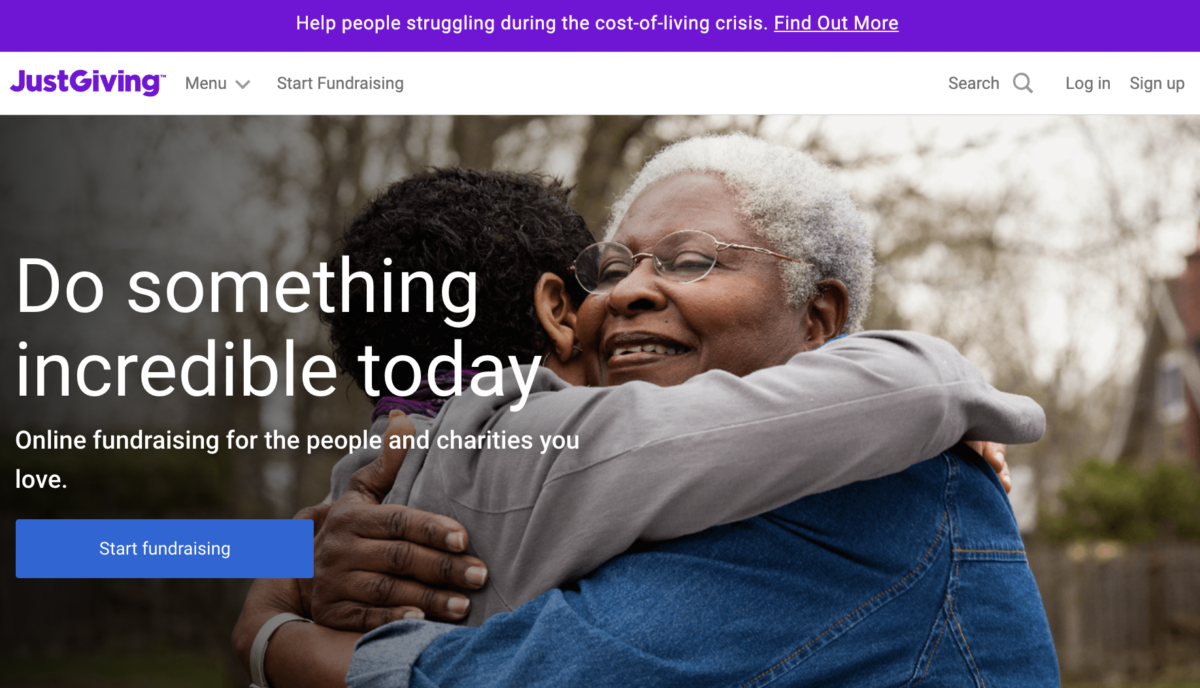 JustGiving homepage saying Do something incredible today and showing an older woman hugging a young boy