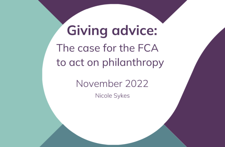 Dettaglio di copertina di un rapporto 'Giving Advice' The Case for FCA action on philanthropy'