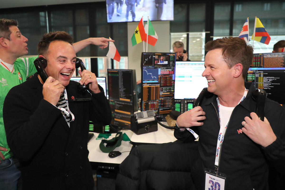 Ant McPartlin and Declan Donnelly (Ant and Dec) join ICAP’s broking teams in its London headquarters to help close deals with clients.