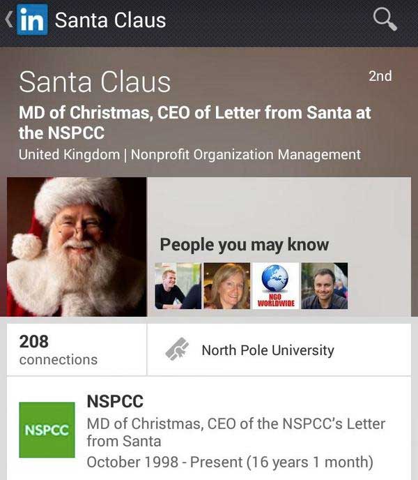 Santa Claus' account on LinkedIn, apparently