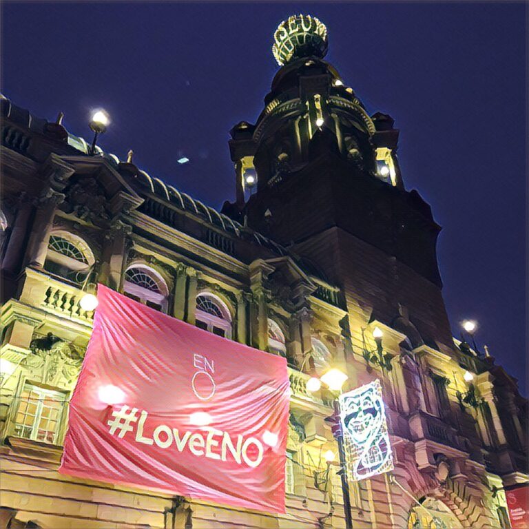 #LoveENO campaign banner hanging outside the London Coliseum, St Martin's Lane. Photo: Howard Lake
