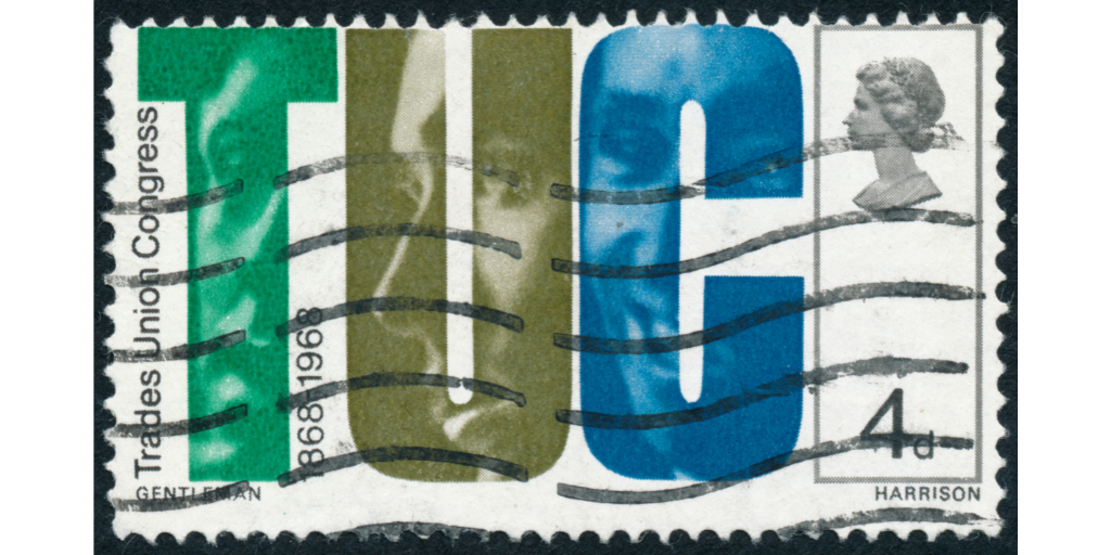 UK 1968 postage stamp with postmark on it, with 'TUC' letters on it representing Trades Union Congress. Image: Canva.co