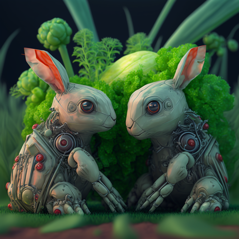Two AI bunnies - robot-like rabbits, created by Howard Lake using Midjourney.