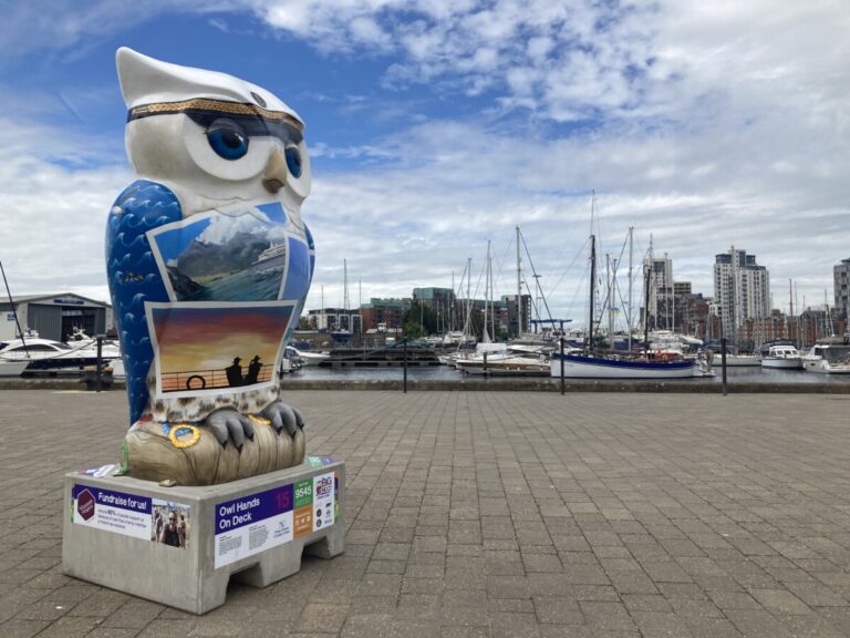 An owl sculpture for the 2022 Big Hoot in Ipswich