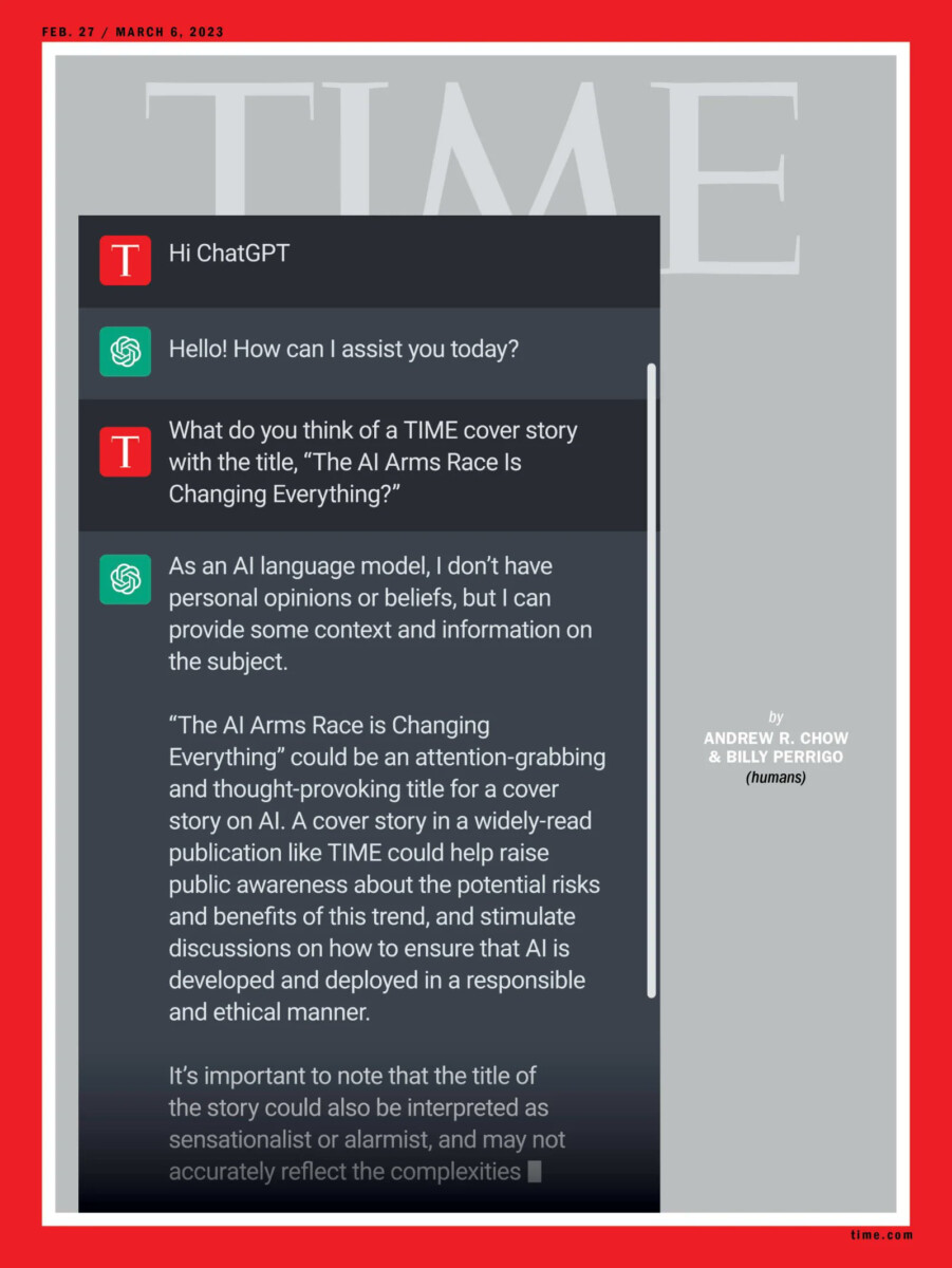 Screenshot of front cover of TIME magazine (27 February - 6 March 2023) featuring a conversation with ChatGPT