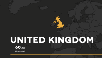 A map with the UK highlighted, showing its CIVICUS Monitor rating of obstructed