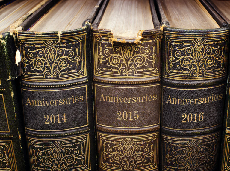 Mockup (using photofunia.com by Howard Lake) of three old book spines with 'anniversaries' as the title, and each with a different year - 2014, 2015 and 2016.