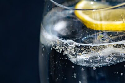 A close up of gin and tonic in a glass with ice and a slice of lemon. By Ri Butov on Pixabay
