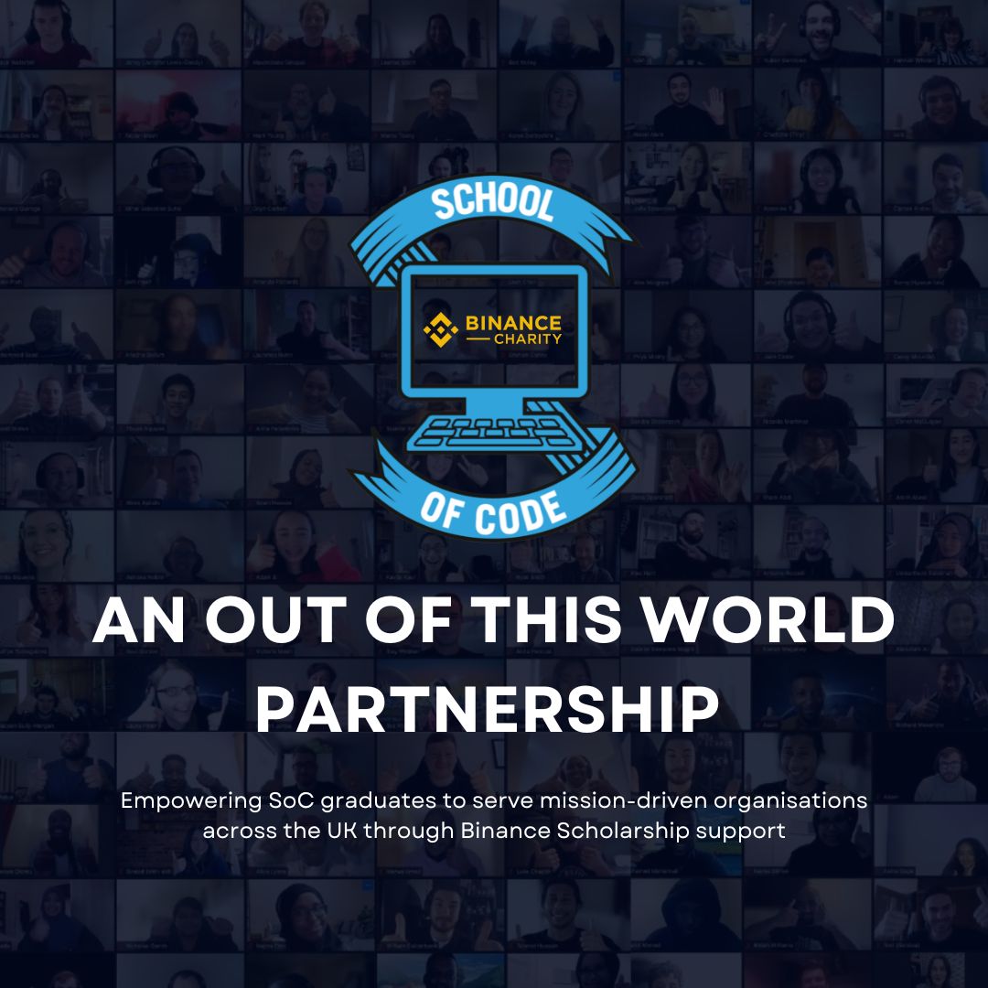 Message highlighting Binance Charity and School of Code partnership