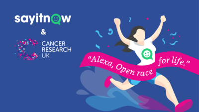 A banner showing an illustration of a Cancer Research UK Race for Life runner bursting through a banner saying 'Alexa, Open Race for Life