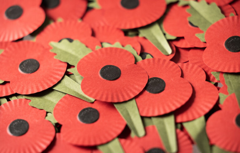 The Royal British Legion's new 100% paper poppy being worn by a member of the public for its announcement on 19 April 2023. The new poppy is made entirely from paper and can be easily recycled. The RBL is committed to reducing single-use plastic in all its activities in a drive to be economical, sustainable, and less impactful to the environment. The new poppy will be available for the 2023 Poppy Appeal in October, alongside remaining stocks of the current poppy.