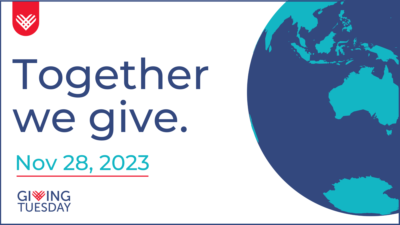 Giving Tuesday promo banner with a globe on it, and the message 'Together we give Nov 28 2023