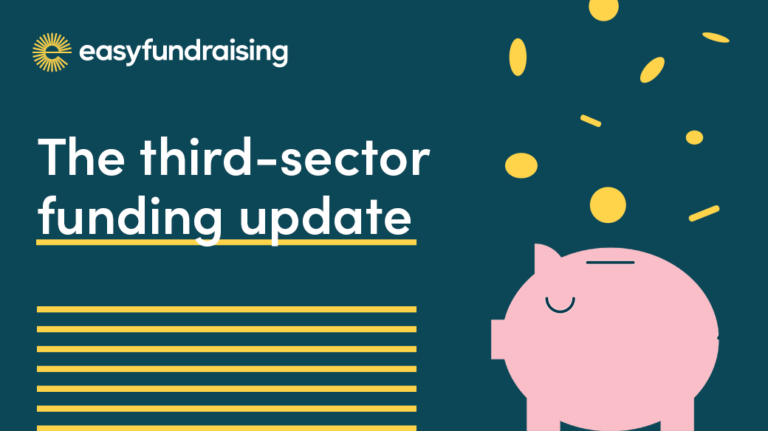 An illustration of a pink piggy bank with gold coins falling into it, against a teal baackground, with the wording easyfundraising, the third sector update