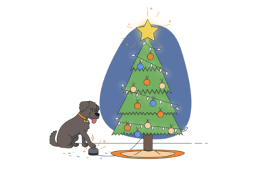 An illustration of a dog by a Christmas tree - from Enthuse