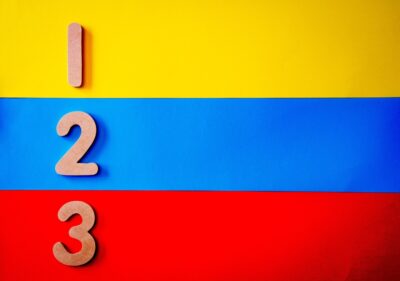A list of numbers 1 to 3 on yellow, blue and red backgrounds