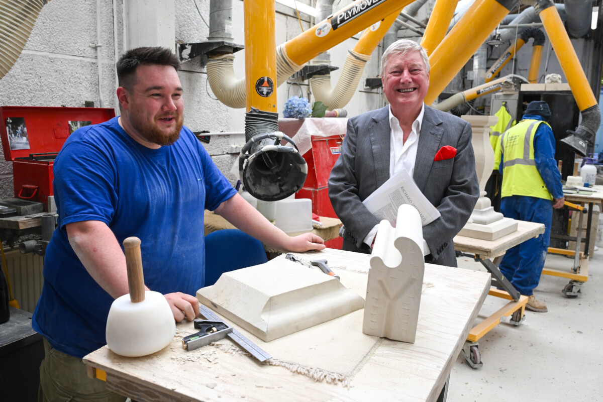 CWF apprentice Joe O'Connell and Hamish Ogston at the Salisbury Cathedral workshop. Picture by Finnbarr Webster