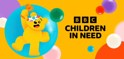 A banner for BBC Children in Need, showing Pudsey Bear holding up a trophy with the TikTok symbol on it.