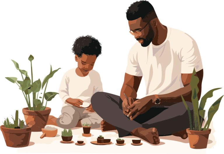 A father with glasses sits cross-legged next to his son as they look at potted plants of all shapes and sizes, learning about gardening.