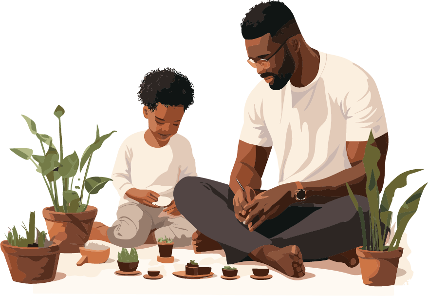 A father with glasses sits cross-legged next to his son as they look at potted plants of all shapes and sizes, learning about gardening.